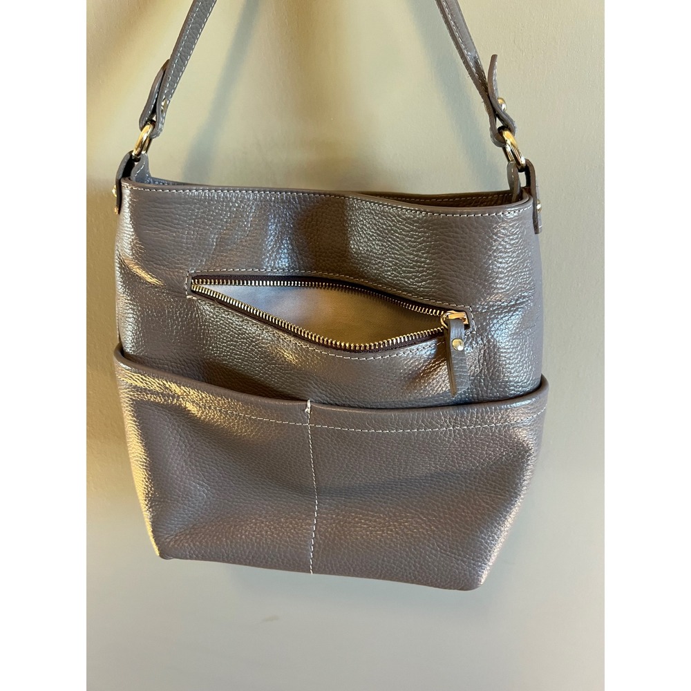 Valentina Grey Pebbled Genuine Leather Shoulder Bag Made in Italy Hobo Purse - Picture 4 of 12